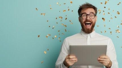 An excited office worker holds a tablet, surrounded by festive confetti in a bright space