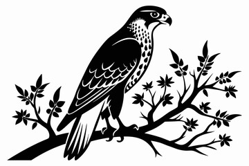 falcon on the tree branch line art silhouette vector illustration