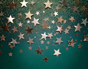 green background with sparkles and stars. Christmas and New Year holiday concept.