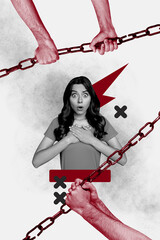 Composite trend artwork sketch image photo collage of hand hold metal chain handcuffs stop abuse...