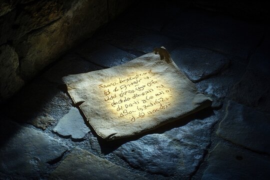cryptic message scrawled in glowing ink on piece of parchment lying on cold stone floor