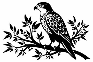 falcon on the tree branch line art silhouette vector illustration