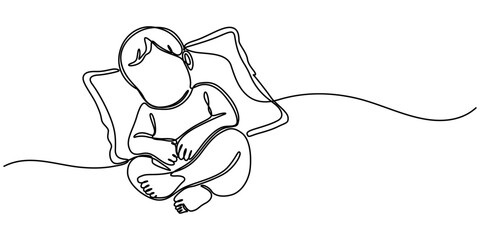 one continuous line drawing of a boy sleeping on a cloud.one line drawing of a boy sleeping soundly.single line vector illustration.isolated white background, Newborn baby sleep, one art line pro. 