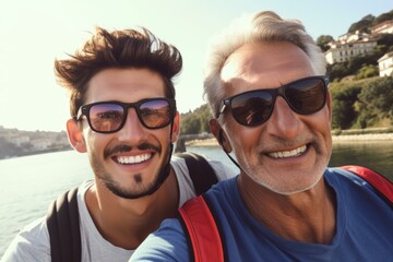 Father and adult son wearing sunglasses and backpacks taking a selfie by the river and smiling