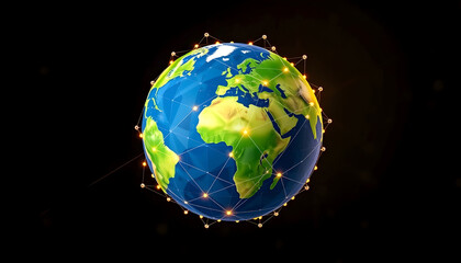 The 3d rendered earth is wrapped in a polygonal sphere linked by dots and lines, pop art, with white tones