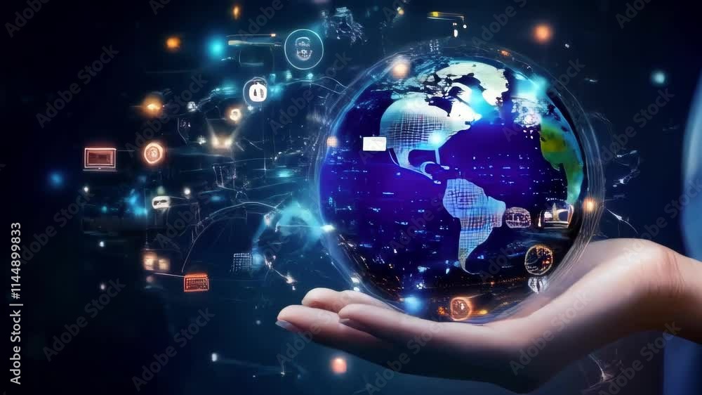 Poster a hand holds a glowing globe with digital icons, representing global communication and interconnecte