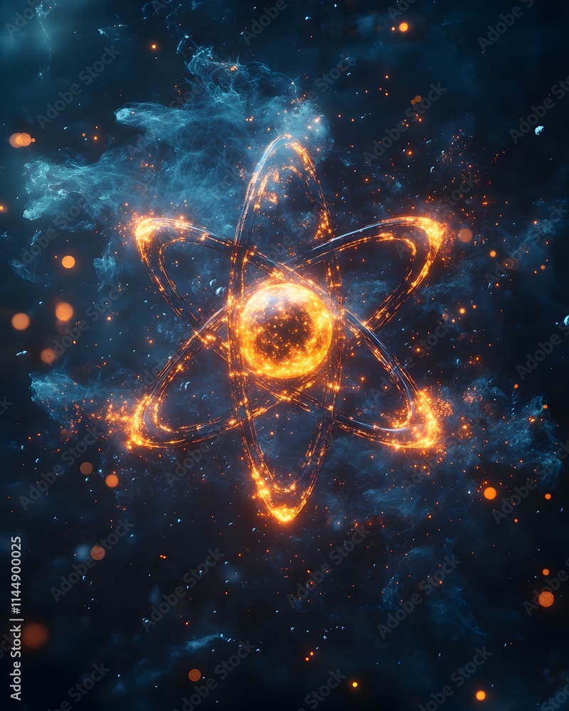 Poster exploded view of a technetium atom showcasing its subatomic particles and medical imaging applicatio