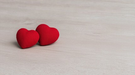 Fototapeta premium Two small red textured hearts resting on a light grey wooden background with copy space.