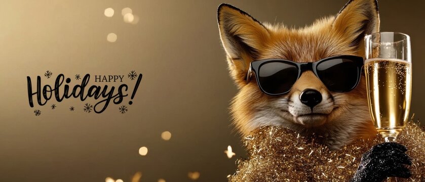 Happy Holidays Stylish Fox Celebrates with Champagne