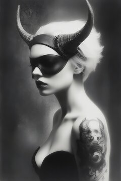 Mystery demoness with impressive horns and blindfold on dark background. Supernatural creatures and surreal illustration concept. Black and white portrait for poster, card, flyer