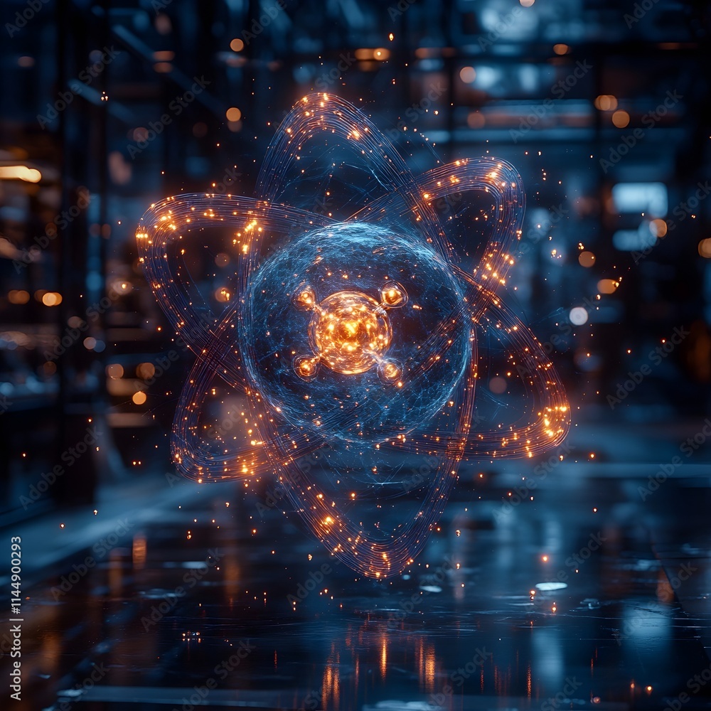 Poster exploded view of a technetium atom displaying its subatomic particles and highlighting its applicati