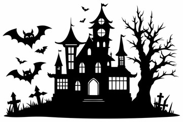 Haunted Halloween house line art silhouette vector illustration
