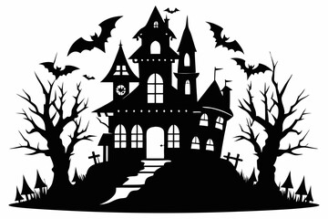 Haunted Halloween house line art silhouette vector illustration