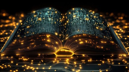 Fototapeta premium An illuminated book with glowing data particles.
