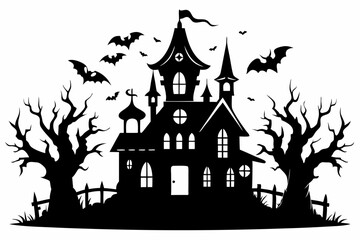 Haunted Halloween house line art silhouette vector illustration