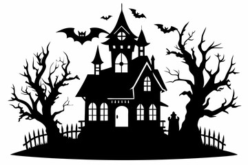 Haunted Halloween house line art silhouette vector illustration