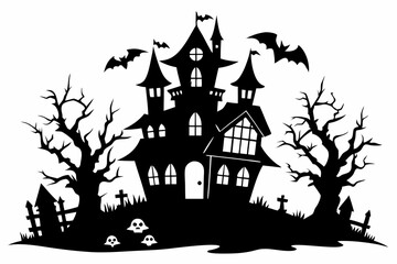 Haunted Halloween house line art silhouette vector illustration