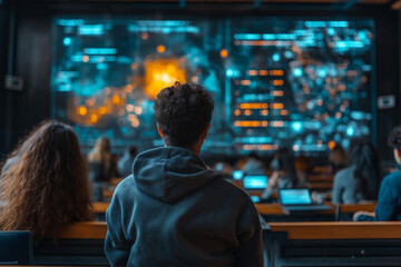 Futuristic classroom filled with diverse students engaged in learning. Generative AI
