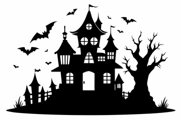 Haunted Halloween house line art silhouette vector illustration