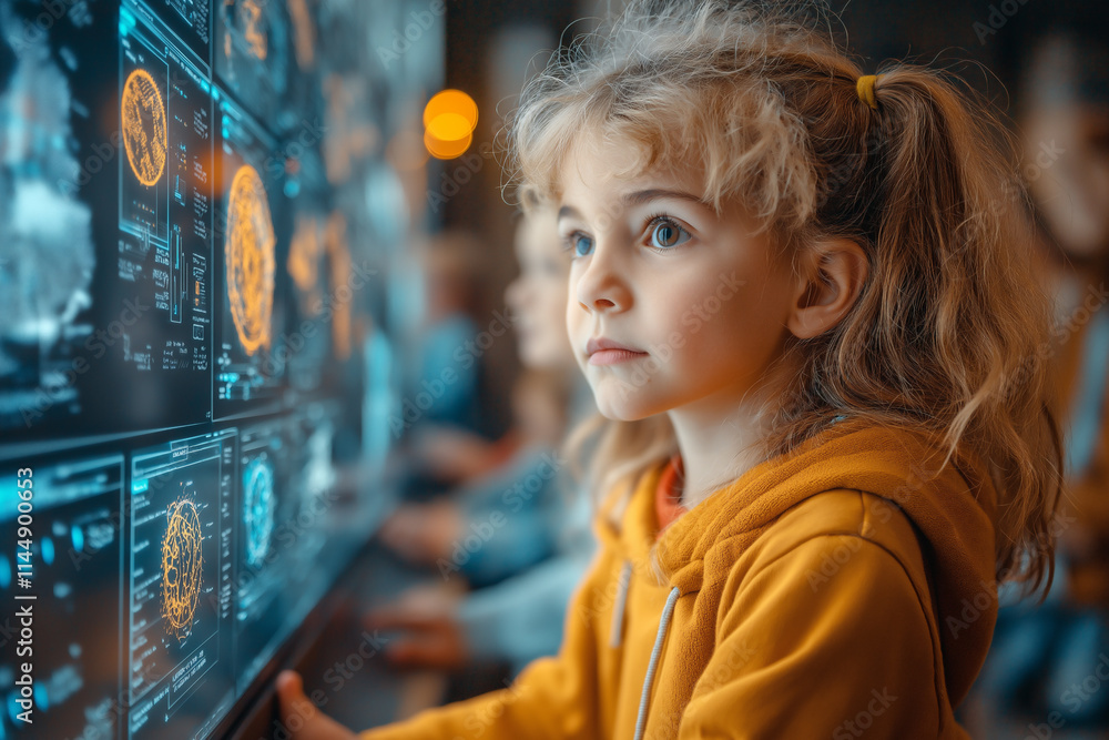 Poster diverse children exploring technology in a futuristic learning environment. generative ai