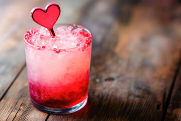 Heart-shaped stirrer in refreshing pink and red cocktail on wooden table