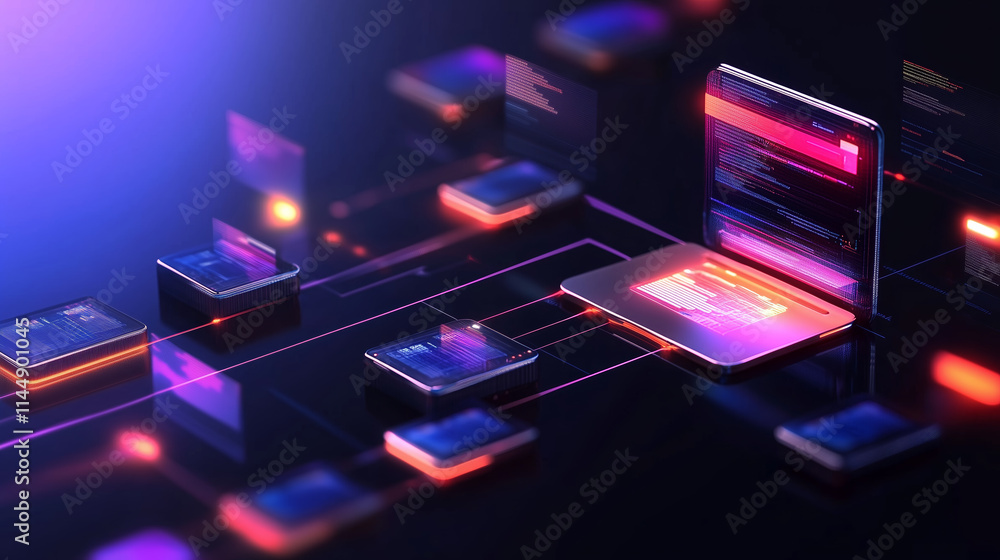 Poster visual representation of digital connectivity and data exchange with glowing devices in a futuristic