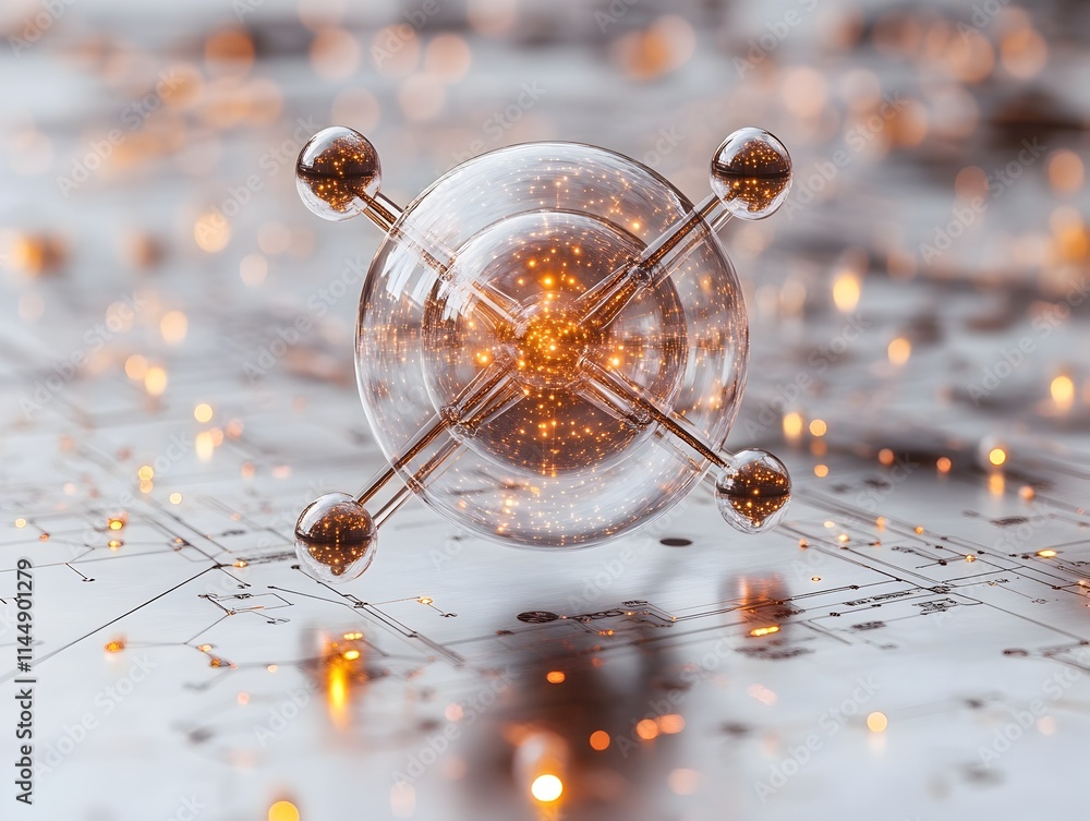 Poster transparent visualization of a technetium atom showcasing its intricate internal composition and rol