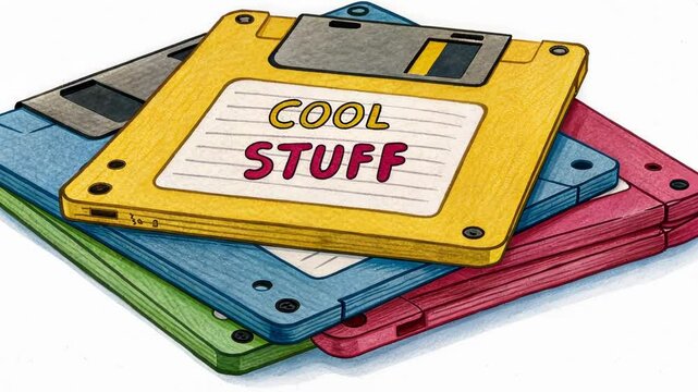 A stack of colorful floppy disks Brightly colored disks with handdrawn labels stacked on top of each other. The top disk features a bright yellow label that says Cool Stuff in