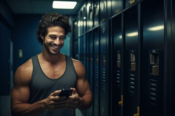 Smiling male technician using mobile phone in a modern server room
