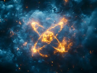 Obraz premium Dramatic cinematic depiction of a technetium atom highlighting its applications in medical imaging and treatment portrayed in a high contrast moody lighting setup with a sense of depth and atmosphere