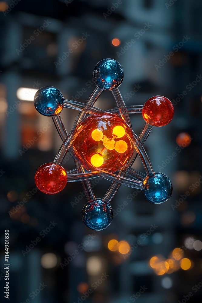Poster highly accurate 3d model of a technetium atom showcasing its unique electron shell arrangement and v