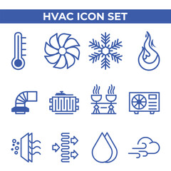 HVAC Icon Set, Heating and Cooling Symbols, Thermometer, Fan, Snowflake, Flame, Ventilation Duct, Radiator, Air Filter, Wind, Droplet, Pipe with Steam, Climate Control Vector Icons for Business Use