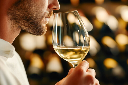 Caucasian male adult tasting white wine in cellar with focus on glass reflection