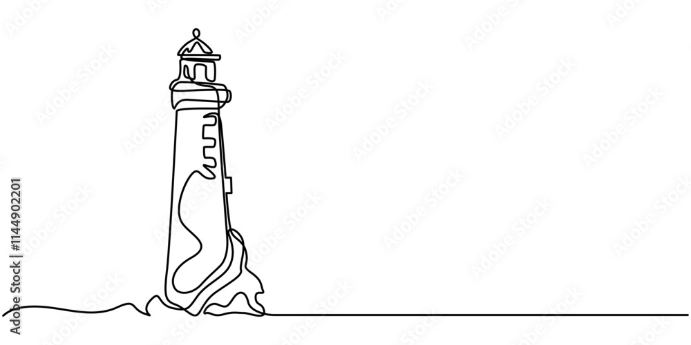 Poster Continuous one line drawing of lighthouse tower.Vector illustration, Continuous one line drawing of lighthouse tower on the ocean. One line drawing illustration of lighthouse tower. Searchlight pro.