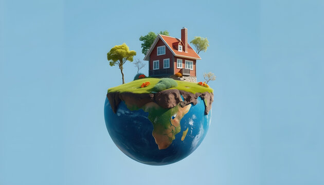 a floating mini world, the bottom half is planet earth, the top half is a tiny house with tiny trees, colorful, with white tones