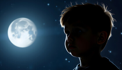 little boy with moon in space at background of the earth, 8k, with white tones