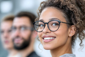 Smiling young woman with glasses in a professional or educational setting, ideal for illustrating concepts of confidence, teamwork, modern learning, and workplace diversity