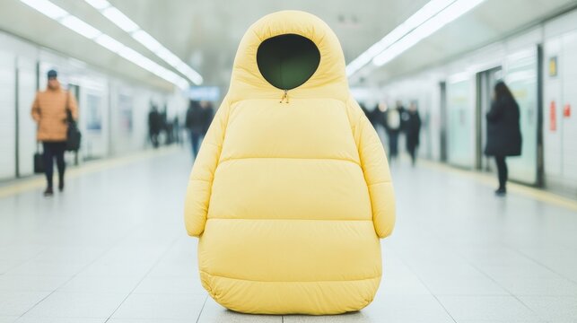 Quirky Yellow Wearable Sleeping Bag Modeled in Busy Subway Station