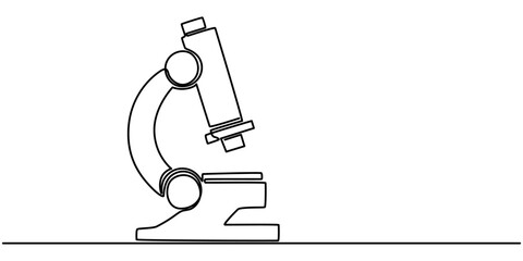 Continuous one line drawing of microscope laboratory. Microscope line art vector illustration. Research and science, microbiology medical research concept, Continuous Line Drawing of Medical Research.