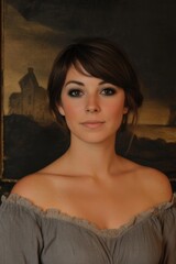 Fototapeta premium A beautiful woman with brown hair and stunning features sits elegantly, exuding grace and poise, captured in a painting with a dark, mysterious background.