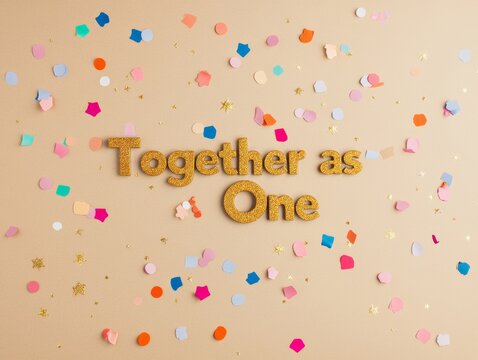 Global Family Day Celebration Unity and Joy in Golden Text with Festive Confetti - Perfect for New Year, Christmas, or Kwanzaa Greetings