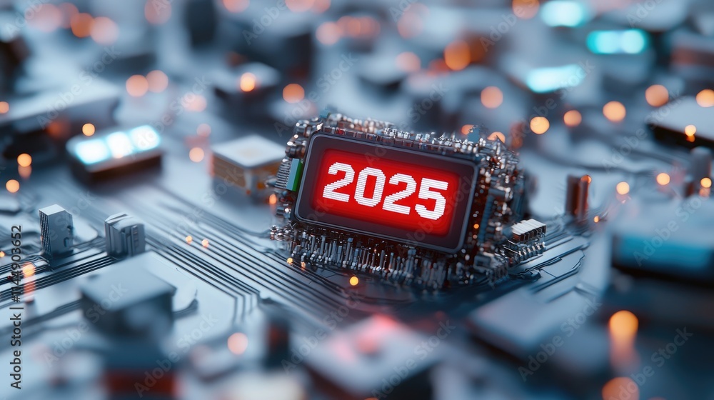 Poster futuristic circuit board with 2025 display