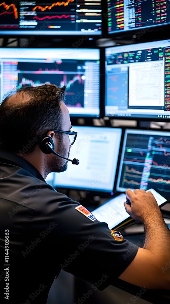 Poster a trader focuses on stock movements while using multiple screens to monitor financial data and trend