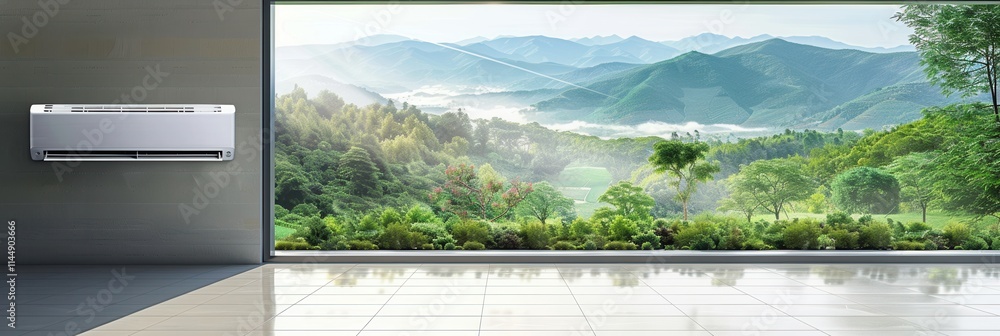 Leinwandbilder Air conditioner mounted on wall beside open window with mountain view in serene setting during daytime. Generative AI