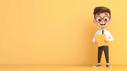 An enthusiastic office worker in business attire smiles widely while holding yellow files