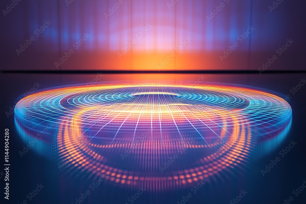 Poster glowing abstract depiction of harmony in dynamic circular grid projected on reflective matte surface