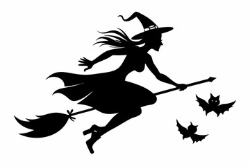 witch flying on a broomstick line art silhouette vector illustration