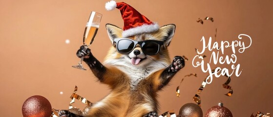 Festive Fox Celebrates New Year with Champagne and Confetti