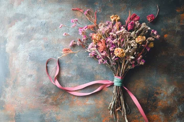 Rustic bouquet of dried flowers with pink ribbon on textured surface
