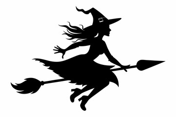 witch flying on a broomstick line art silhouette vector illustration